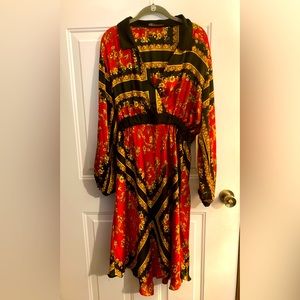 ZARA Basic black and red geometric/floral Dress XL Long sleeve Midi